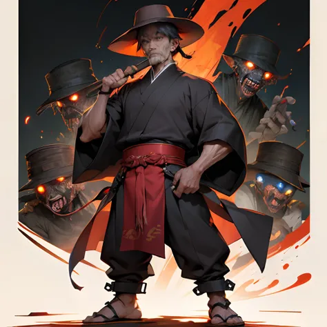 the night，Skinny middle-aged man in a Chinese cloak，Slightly shorter stature，Cracking of the skin，Zombie skins，Dry and thin，The expression is fierce，bucket-hat，独奏，super-fine，hyper HD