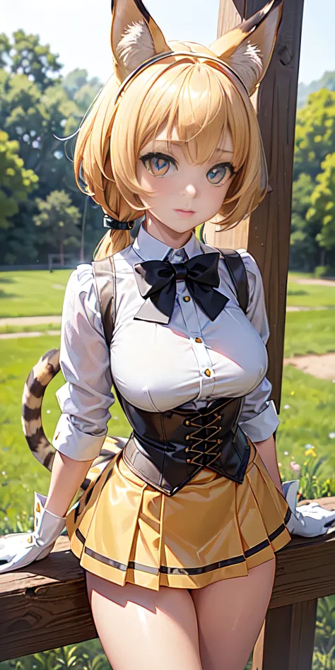 cowboy shot, beautiful eyes, Masterpiece, Best quality, realistic photo, solo1girl, serval, blonde hair, Cat ears, Cat tail, (50% cowboy yellow high waist miniskirt), High Resolutions, Kemono friends, large firm and round breasts, looking at viewer, orange...