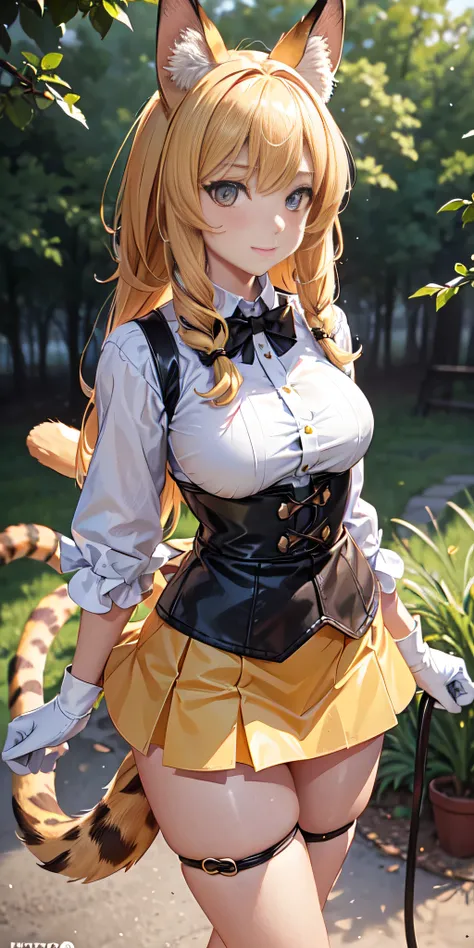 cowboy shot, beautiful eyes, Masterpiece, Best quality, realistic photo, solo1girl, serval, blonde hair, Cat ears, Cat tail, (50% cowboy yellow high waist miniskirt), High Resolutions, Kemono friends, large firm and round breasts, looking at viewer, orange...