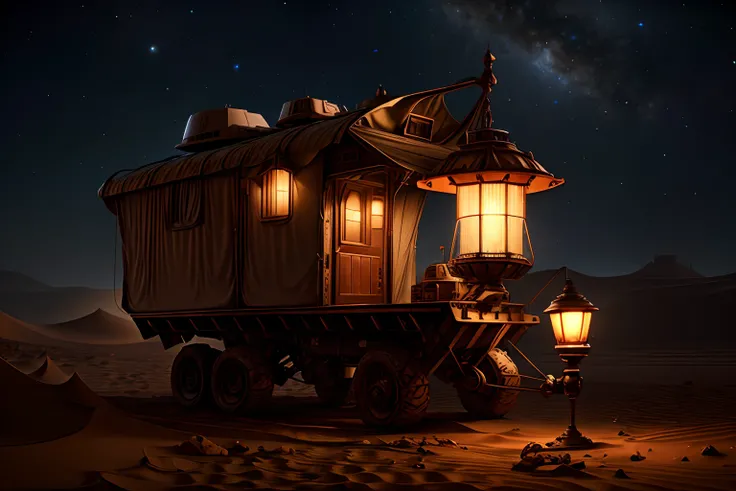 Mars pathfinder with house trailer, running on desert, volumetric lighting, global illumination, best quality, highly detailed, 8K, depth of field, dreamlike, GasLampFantasyAI