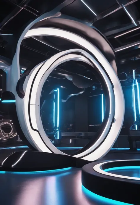 Round stage with white and black, future-tech, glowing neon lights, cyber punk perssonage，The lights are gorgeous，Realistic details and vivid textures.