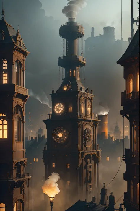 (((steampunc))),City,(((Crowded buildings))),Exposed gears and pipes,(((Dim light))),Flood the ground,((gear wheel)),((Thick tubes)),Covered bridge,The perspective is bottom-up, Reflects the height of the building,Dark weather,Smoking chimneys,(((Mechanica...