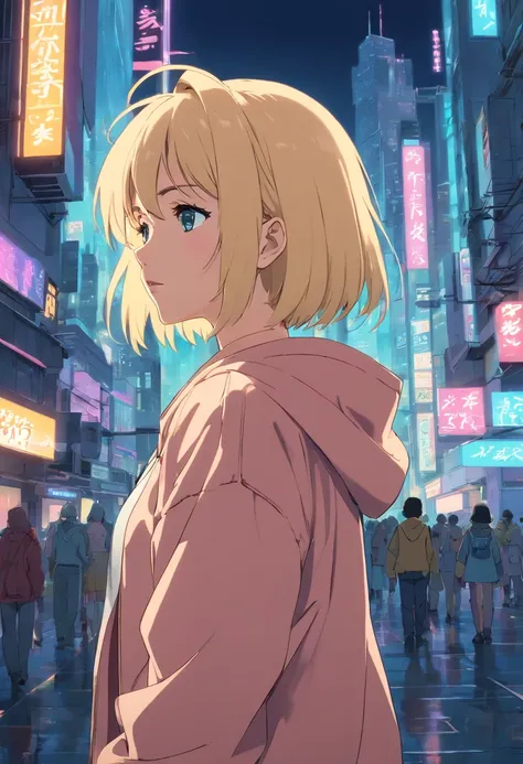 1980s retro anime screengrab. a blonde fantasy heroine stuck in a cyberpunk city, crying. 1980s anime cel-shading. 1980 cel animation. 1980s anime character design