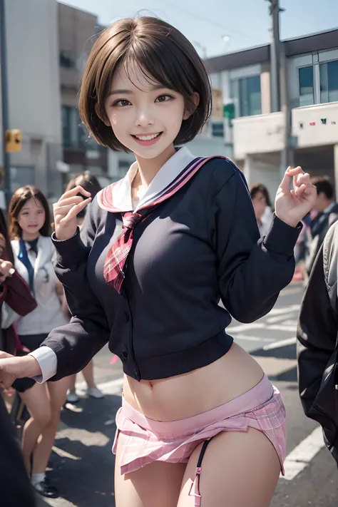 Pubic hair grows、Smile full of happiness、((no-pantie:1.3))、Pink Panties、、Panting face、Lacking、After being attacked、school girl outfit(Plaid miniskirt)、a sailor suit、Sweating、Expression in a state of excitement、short-hair、eye glass、