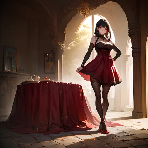 Top Quality, Masterpiece, Ultra High Definition, (Photorealistic: 1.4), Raw Photo, 1 Girl, Dark Hair, Glossy Skin, Dramatic Lighting, Full Body, Red Dress, Colossal