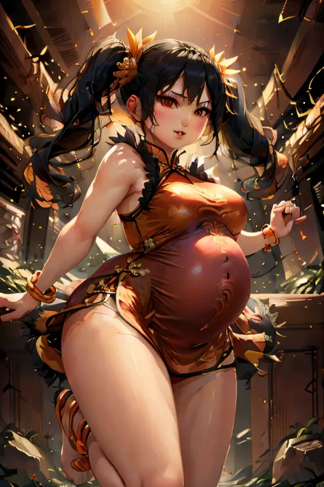 (masterpiece, best quality:1.2), solo, 1girl, ling xiaoyu, slight smile, fighting stance, twintails, chinese clothes, orange china dress, white shorts, sleeveless, jewelry, bracelet, fat, pregnant