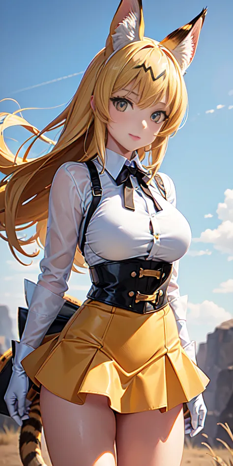 cowboy shot, beautiful eyes, Masterpiece, Best quality, realistic photo, solo1girl, serval, blonde hair, Cat ears, Cat tail, (50% cowboy yellow high waist miniskirt), High Resolutions, Kemono friends, large firm and round breasts, looking at viewer, orange...