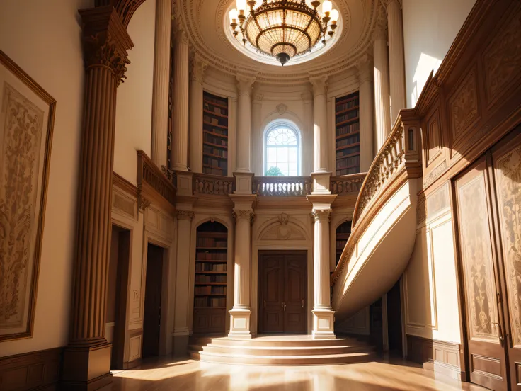 Grand Entrance: A majestic entrance with towering bookshelves and a grand staircase.