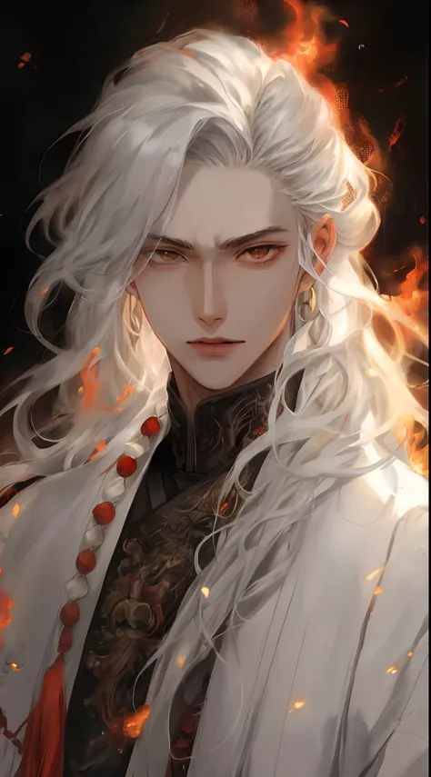 Un primer plano de una persona con el pelo largo y blanco y una chaqueta blanca, Chico guapo en el arte de Demon Slayer, Deidad de pelo blanco, por Yang J, con el pelo largo y blanco, ojos violetas. handsome japanese demon boy, pelo blanco, con pelo largo ...