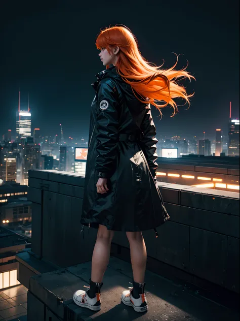 1girl, long orange hair, modern parka, skirt, converse shoes, modern city, on the edge of the roof of a skyscaper, midnight, only neon lights, ((back shot)), low angle, volumetric light, 8k, best quality, sharp, detailed