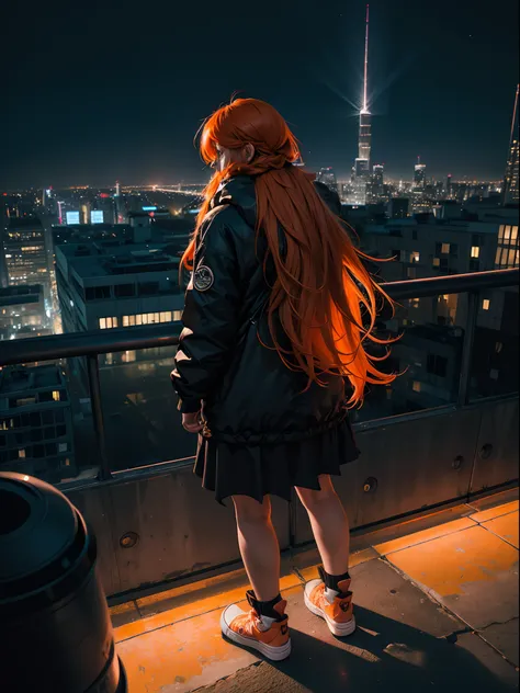 1girl, long orange hair, modern parka, skirt, converse shoes, modern city, on the edge of the roof of a skyscaper, midnight, only neon lights, ((back shot)), low angle, volumetric light, 8k, best quality, sharp, detailed