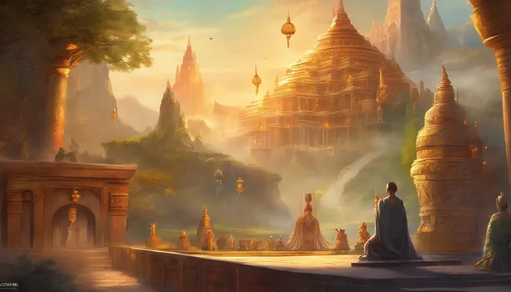 Illustrate a wise-looking minister from ancient times, symbolizing old age, capturing a vibrant young king, representing the prime of life. The scene is set outside an ancient palace with intricate carvings and Buddha symbols.