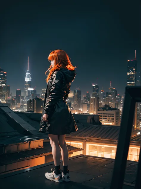 1girl, long orange hair, modern parka, skirt, converse shoes, modern city, on the edge of the roof of a skyscaper, midnight, only neon lights, ((back shot)), low angle, volumetric light, 8k, best quality, sharp, detailed