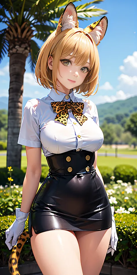 cowboy shot, beautiful eyes, Masterpiece, Best quality, realistic photo, solo1girl, serval, blonde hair, Cat ears, Cat tail, ((leopard spots on:W Arms, White gloves, White shirt. (50% cowboy yellow high waist miniskirt))), High Resolutions, Kemono friends,...