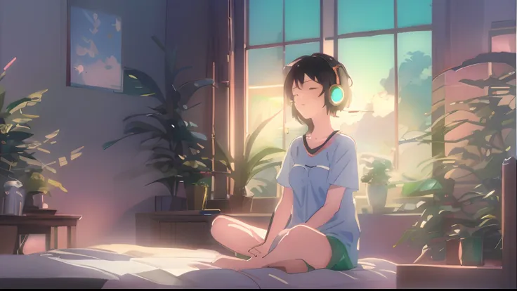 anime girl sitting on bed wearing headphones，with his eyes closed, lofi-girl, praise artstyle, lofi portrait, lofi art, relaxing...