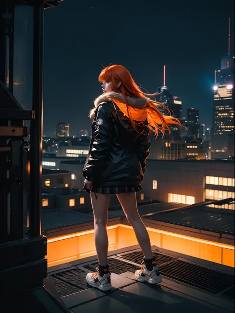 1girl, long orange hair, modern parka, skirt, converse shoes, modern city, on the edge of the roof of a skyscaper, midnight, only neon lights, ((back shot)), low angle, volumetric light, 8k, best quality, sharp, detailed