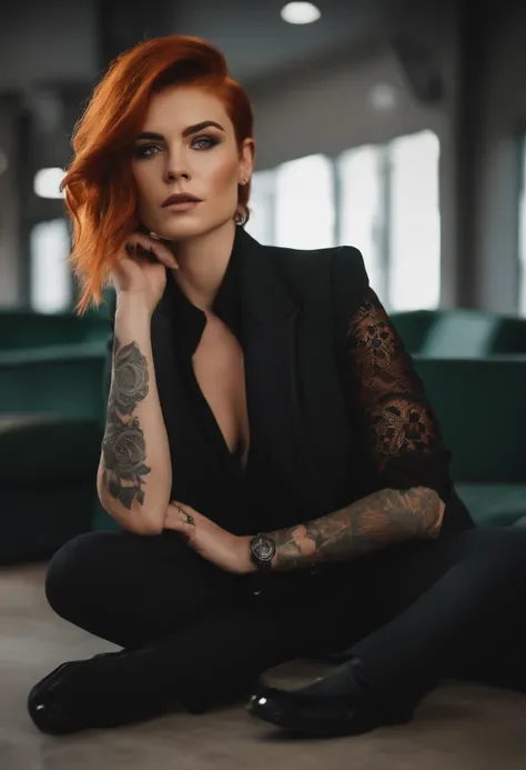 Young adult woman, short undercut hair style, burnt orange hair color, pale skin, black suit, stern expression, green eyes, long lower lashes, masculine face, hand tattoo, rings, across desk, dark lighting, money stacks, faded face scars, black suit pants,...