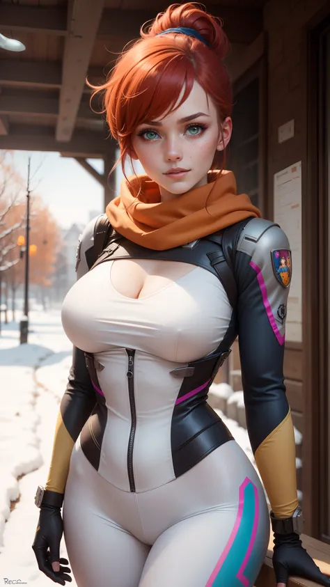 gwen tennyson,1girl,tracer,d.va,rebecca chambers,overwatch,gundam,close up,mecha pilot,winter village,gray and red plugsuit,hair pin,pirate corset, white long sleeve lycra top,white leggings,short hair,cute makeup,green eyes,orange and blue hair,shy smile,...