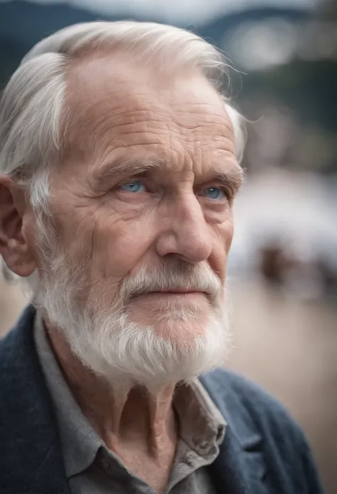 an old man, American, white beard, wrinkled, serious, blue eyes