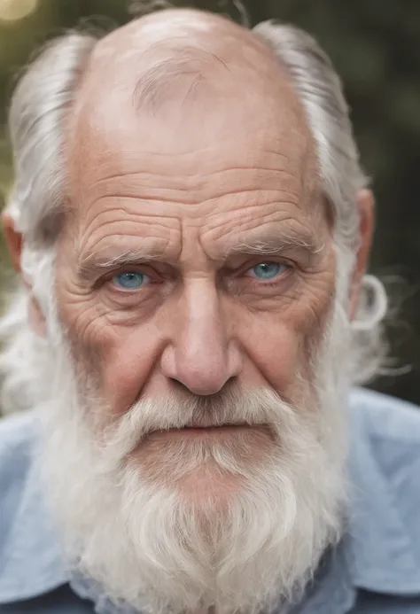 an old man, American, white beard, wrinkled, serious, blue eyes