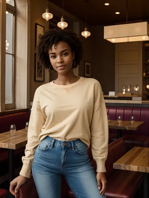 corps entier , beau visage, Cheveux longs et lisse,Warm light and clear complexion, afro-american, Detailed, ultra quality, poitrine claire, mignonne, adorable, Jeans et pull over dans un restaurant en mangeant