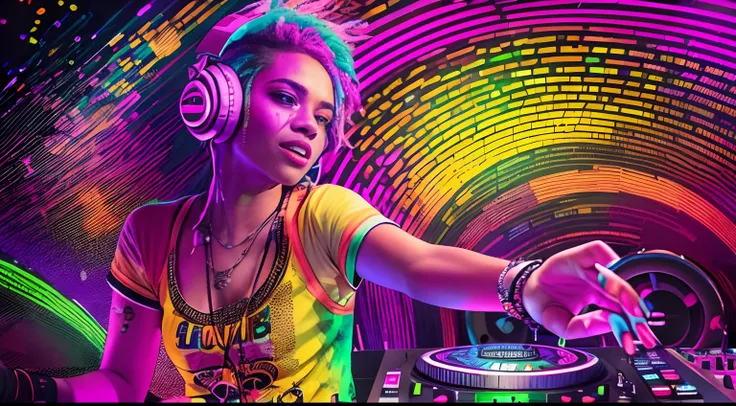 Female DJ, Colorful clothes , Quirky, Vibrant appearance,  Playful accessories, Creative behavior, Imaginative, Sensual, Spontaneous, DJ headphones, Mixing Console, Music Clubs, night club, Independent cinema, People dancing on dance floor background,  Und...