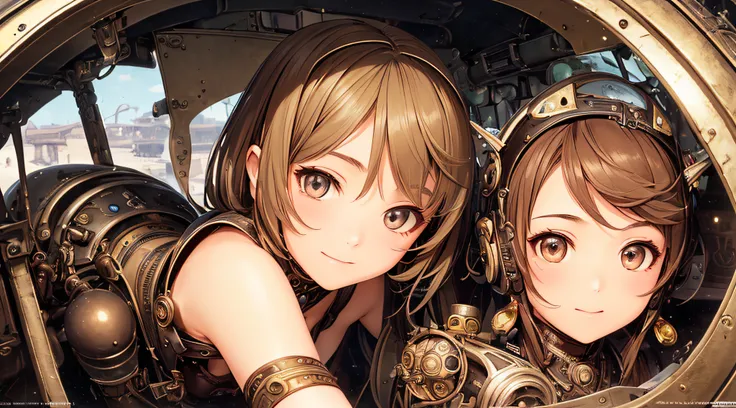 steampunk, two women, sitting in cockpit of world war 2 era fighter airplane, panties, (((Masterpiece))), ((((Best quality)))), (((Ultra-detailed))), (CG illustration), ((Extremely delicate and beautiful)),(Cute and delicate face),Cinematic light,smiling, ...