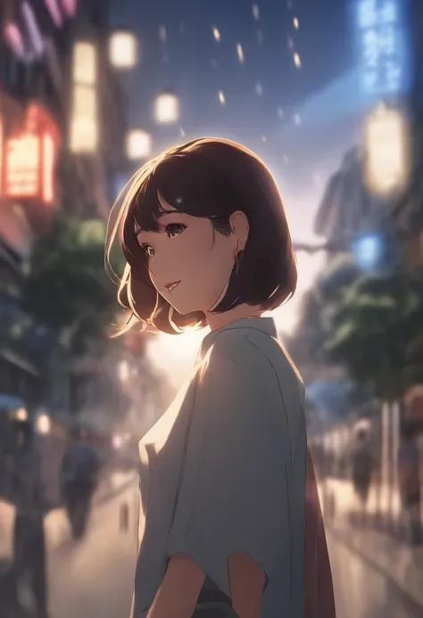 Absurd resolution, high resolution, (Masterpiece: 1.4), Super detailed, (1 woman: 1.3), (Solo: 1.4), Fireworks, a short bob, a short bob, komono, Looking back, closing her eyes, Smiling, Light, Makoto shinkai style, Ultra-close-up of the face, super fine i...