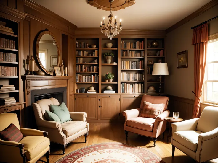 Cozy Fireplace Nook: A reading nook with a fireplace, comfortable chairs, and shelves of books.