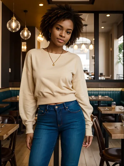 corps entier , beau visage, Cheveux longs et lisse,Warm light and clear complexion, afro-american, Detailed, ultra quality, poitrine claire, mignonne, adorable, Jeans et pull over dans un restaurant en mangeant