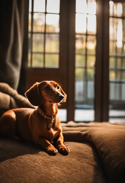 wide-angle lens、Dachshund、Gold color、View from the front、Nose Deca、Background Simple