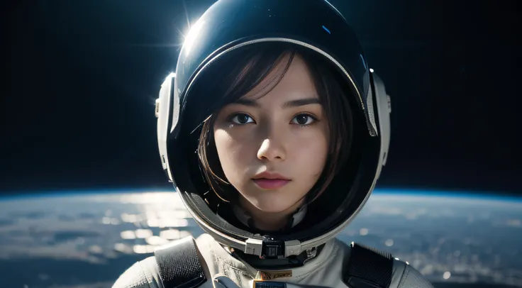 a picture、(Photorealsitic:1.4)、(hyper realisitic:1.4)、(Cinematic:1.5)、Woman in her 20s、caucasian female、（beautiful and delicate face）、（High-quality eyes）、fashion photograhy、space suits、helmets、A space station、Dark blue tones、planet earth、