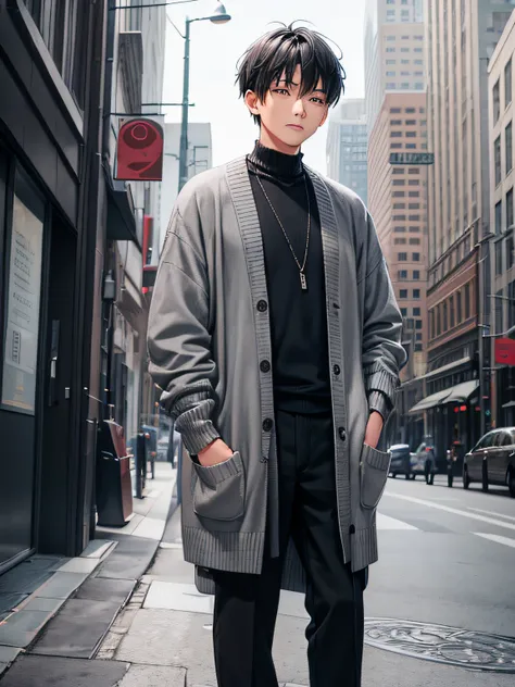 Alafeld man in gray cardigan and black shirt, Cardigan, wearing a cardigan, Oversized, Gray color, with two front pockets, sakimichan, wearing a fisher 🧥, solid grey, wearing in cardigan, Young man, 2 0 2 0 fashion, high detal), gray men, Kim Do-young, per...