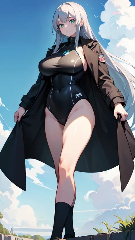 masterpiece,best quality,ultra detailed,8k,tall,big female,(gigantic breasts: 1.8),20 years old,silver hair,long hair,straight hair,green eyes,smile,school swimsuit,black socks,black coat,coat on shoulders,action,