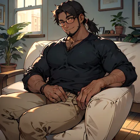 mature adult Black man, dark skin, chubby, causal clothes, glasses, big pecs, corded hair in a ponytail, short beard, loving smile, gentle expression, indoors, sitting down on a couch, side shot, perfect hands, perfect symmetric eyes, detailed eyes, hairy ...