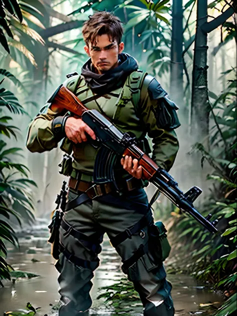 1man, male focus, deep brown hair, short hair, hazel eyes, brown t-shirt, brown cargo pants, black boots, shoulder holster, kala...