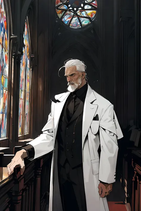 (masterpiece), (best quality), comic,  absurdres, rugged male, combed white hair, white beard, in a sophisticated (all black suit), with a tired expression, somber expression, standing in front of large stained glass, (stained glass in a library), smooth l...