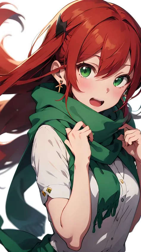 -original,Windranger anime style, 1girl, solo, jewelry, long hair, earrings, white background, looking at viewer, open mouth, simple background, scarf, green scarf, blush, red hair, portrait