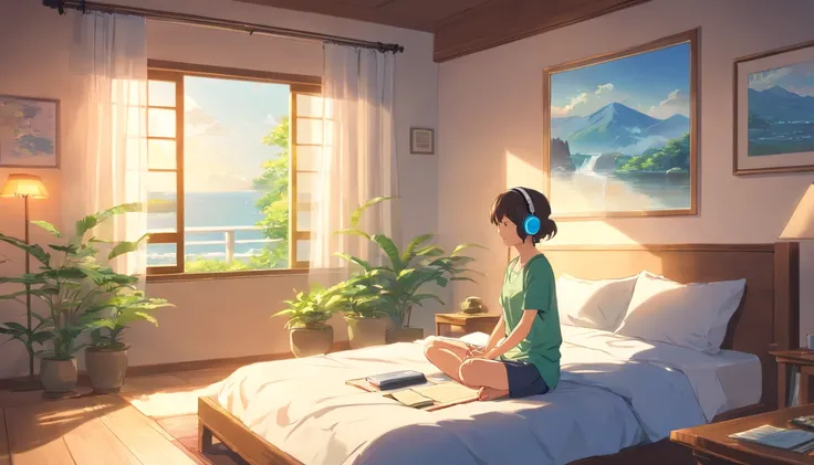 Girl wearing headphones, Meditating, Open Window, Bedroom, tranquil ambiance, Soft sunlight, Cozy atmosphere, Relaxing music, Serene expression, Closed eyes, comfortable seating, wooden floor, floral curtains, Green plants, Natural breeze, Calm atmosphere,...