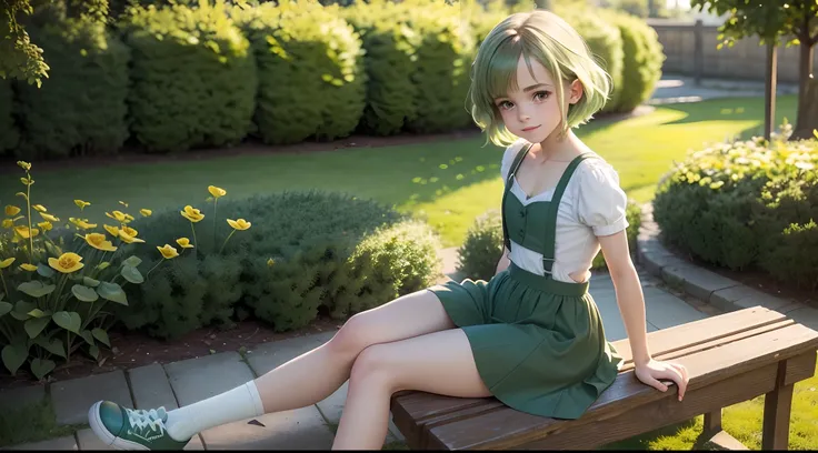 tween Emma Watson in a short dark green school pinafore dress, shaggy light green hair in bunches, cute smile, white ankle socks, slender body, garden, day, play park. (((tiny chest))), ((small tits, small and flat chest)), sitting on a park bench.