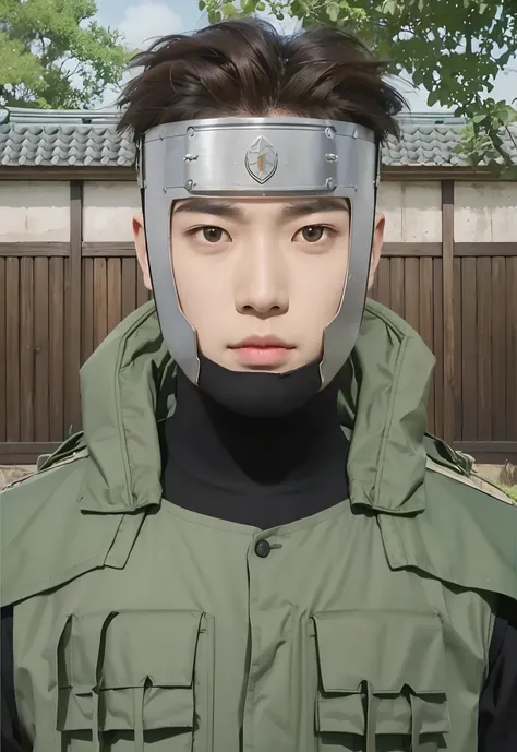 Real life adaption of this character, korean handsome face, Realistic outfit wear thick dark green vest with many pocket in the chest, there is iron plate on the face, realistic spiky brown hair, realistic background, realistic light, realistic shadow, rea...