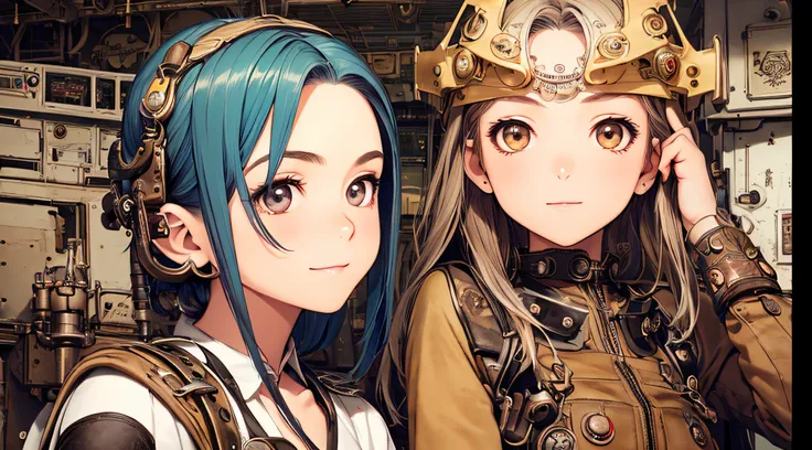 steampunk, two women, sitting in cockpit of world war 2 era fighter airplane, overalls, (((Masterpiece))), ((((Best quality)))), (((Ultra-detailed))), (CG illustration), ((Extremely delicate and beautiful)),(Cute and delicate face),Cinematic light,smiling,...