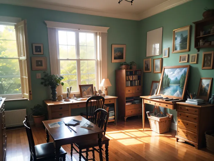 "Craft a visually enchanting and intricately detailed scene of an artists haven, a room flooded with soft, diffused natural light pouring in through a multitude of large, vintage windows with ornate frames. This warm illumination should gracefully bathe ev...