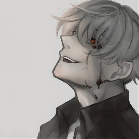 There is a drawing of a man with a bloody face, Ken Kaneki, kaneki ken, his eyes are bleeding intense, Tokyo Ghoul, by Kamisaka Sekka, by Shingei, zerochan art, by Shitao, by Ai-Mitsu, he has dark grey hairs, zerochan, by Ei-Q, by Kamagurka