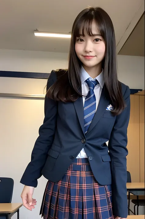 girl standing in school classroom,school uniform with blue tie,dark blue blazer,blue plaid skirt,18-year-old,bangs,a little smiles,thighs,knees,from below