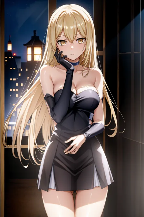 (night:1.7), japan, tokyo, cityview, before window,
standing at attention,
red_choker,cleavage, collarbone,bare_shoulders,black_...