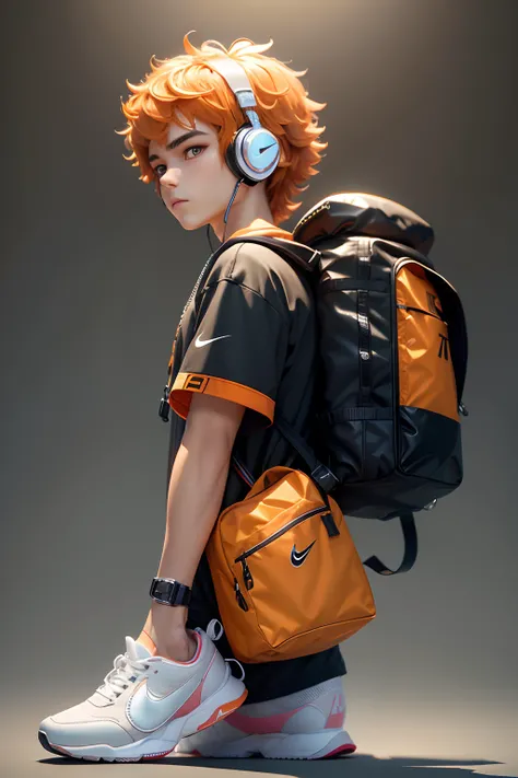 A handsome boy , MD clothing , trendy clothing . fluffy hair , exquisite facial features , Nike shoes , headphones , silver necklace , inflatable backpack , Orange series , clean background , front view , movie lighting , light and shade contrast , ip pop ...