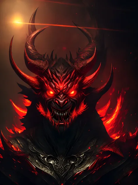 a close up of a demon with red eyes and horns, anger. hyper detailed, evil expression, a devilish grin on his face, devious evil expression, high detail iconic character, red realistic 3 d render, scary angry pose, portrait demon half human, in style the d...