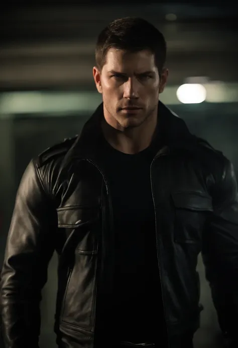 Chris Redfield from Resident Evil 5 in a black dress shirt and black leather jacket and black pants. Handsome, clean shaven and youthful.