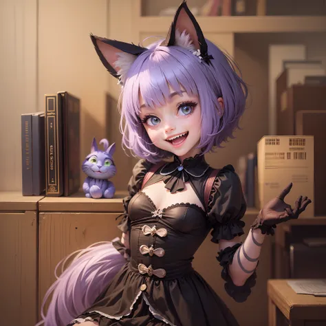 The personification of the cheshire cat in the form of a absurdes style  little girl with short hair and a laughing, curvy --auto --s2